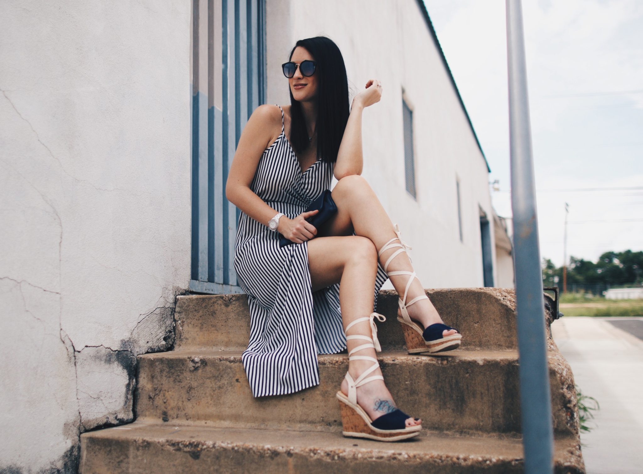 Striped Wrap Midi Dress | how to style a wrap dress | how to wear a wrap dress | wrap dress styling tips | summer fashion tips | summer outfit ideas | summer style tips | what to wear for summer | warm weather fashion | fashion for summer | style tips for summer | outfit ideas for summer || Dressed to Kill