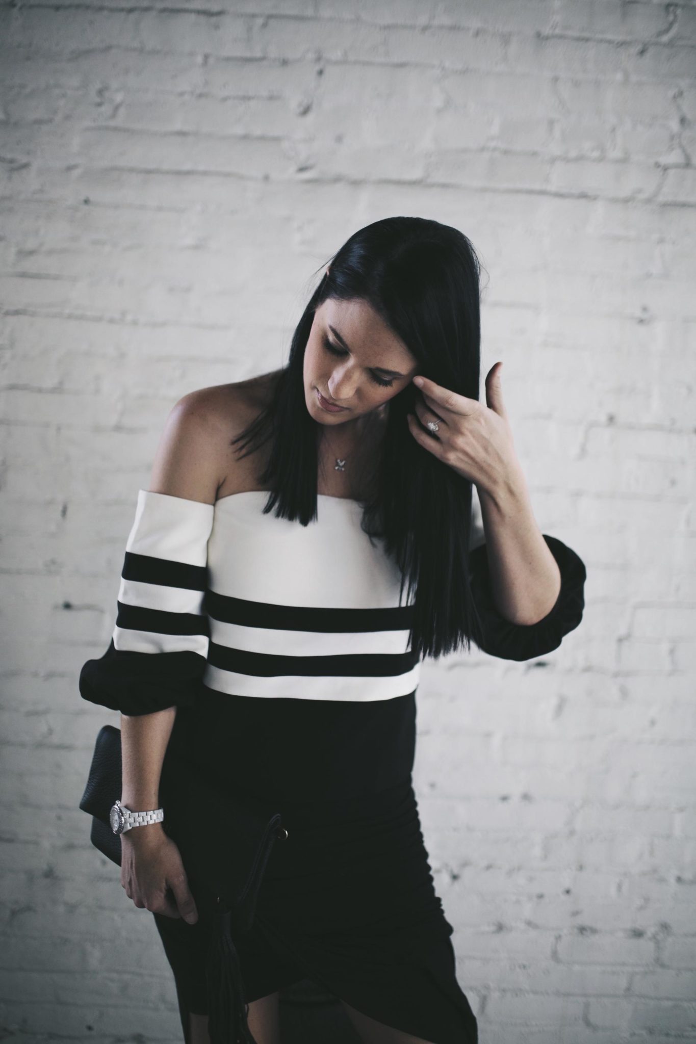 Off-the-Shoulder Striped Black and White Top and Black Skirt | summer fashion tips | summer outfit ideas | summer style tips | what to wear for summer | warm weather fashion | fashion for summer | style tips for summer | outfit ideas for summer || Dressed to Kill