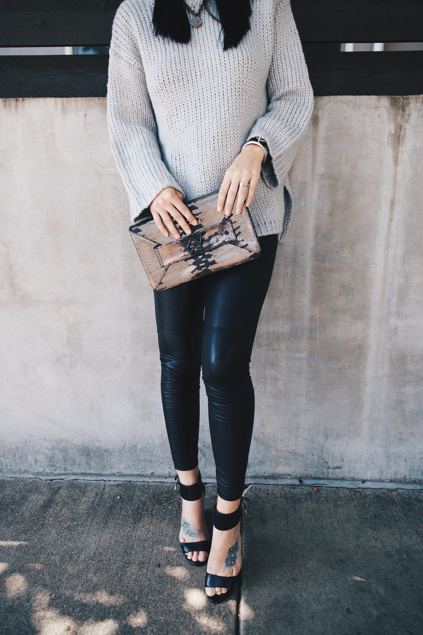 Grey Open Back Sweater and Black Leggings