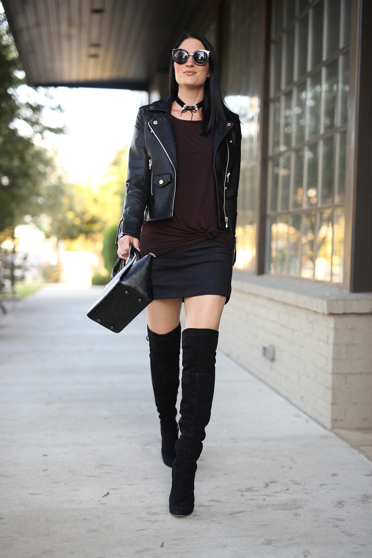 Black Leather Jacket, black mini skirt, black OTK boots | how to style a black mini skirt | how to style black OTK boots | how to style a leather jacket | all black style | fall fashion tips | fall outfit ideas | fall style tips | what to wear for fall | cool weather fashion | fashion for fall | style tips for fall | outfit ideas for fall || Dressed to Kill #blackminiskirt #leatherjacket #otkboots 