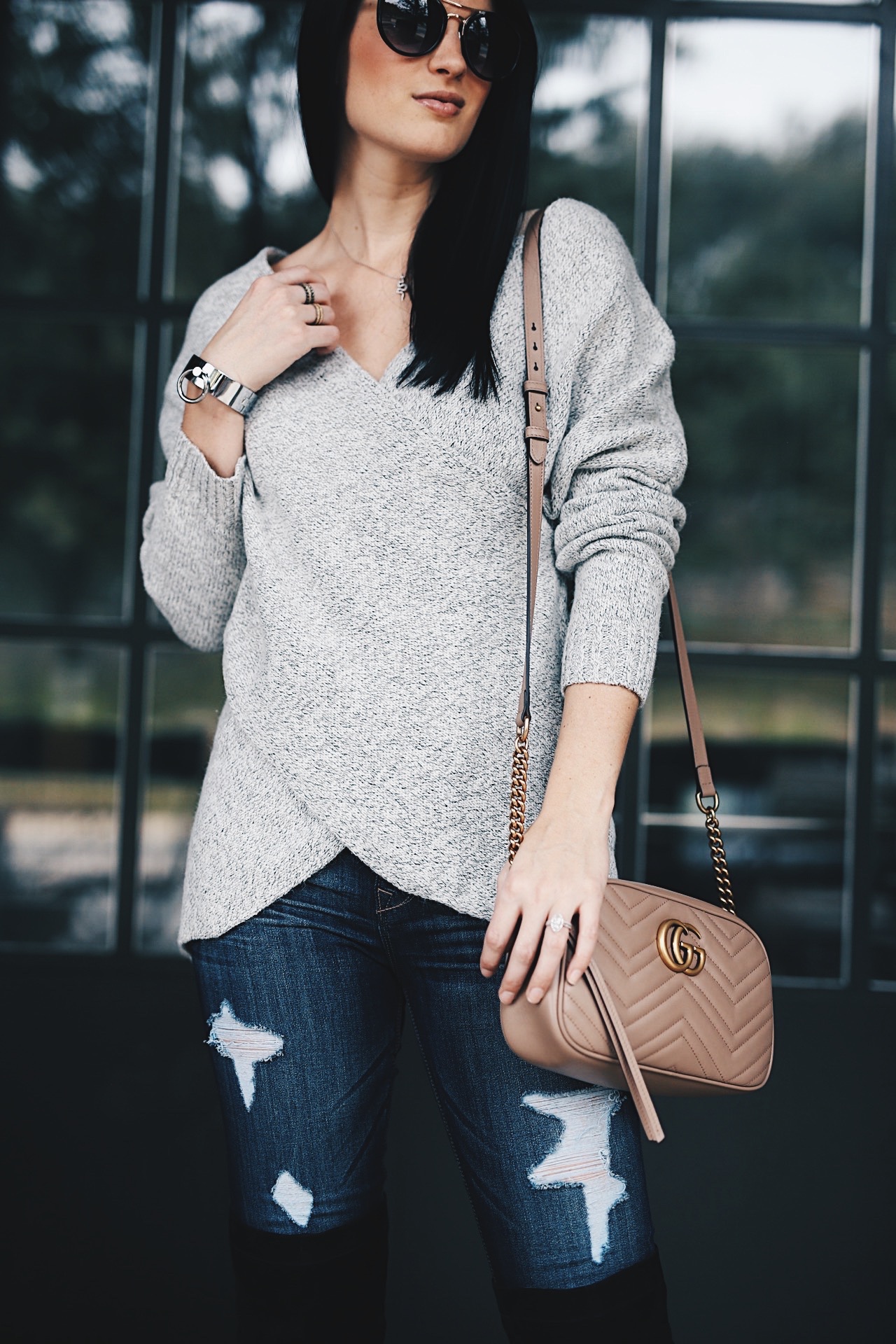 DTKAustin shares her favorite casual Winter look. Ashley is wearing a Chicwish sweater, Express jeans, Gucci Marmont Bag and OTK Boots. Click for more outfit details!