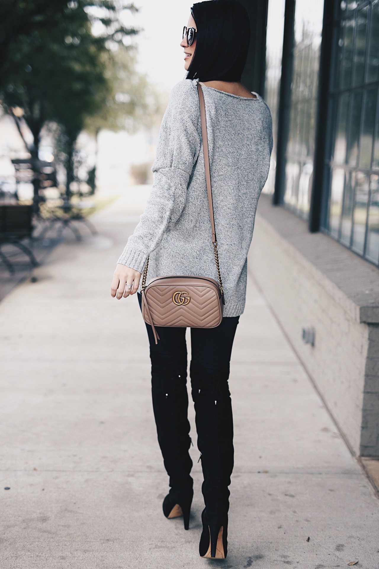 DTKAustin shares her favorite casual Winter look. Ashley is wearing a Chicwish sweater, Express jeans, Gucci Marmont Bag and OTK Boots. Click for more outfit details!