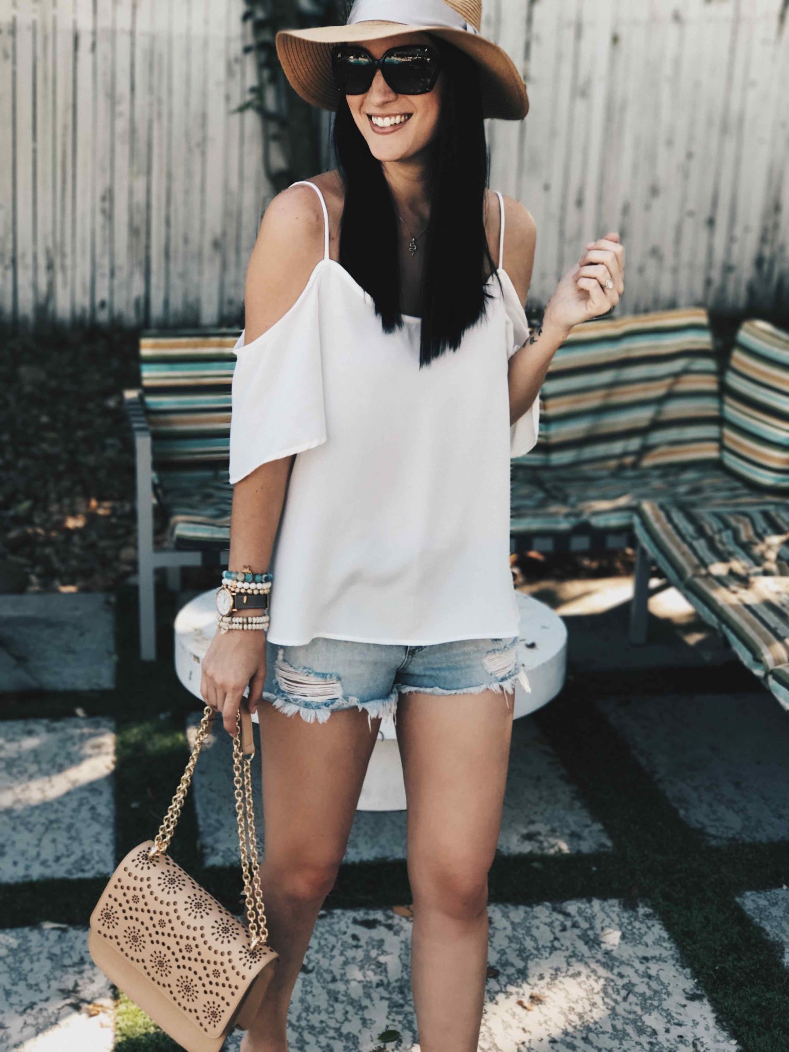 Best Denim featured by top US fashion blog Dressed to Kill; Image of a woman wearing BP top, BP shorts, Vince Camuto shoes, Chelsea28 handbag, BP sunglasses, Marc Jacobs watch, Hanai bracelets and H&M hat