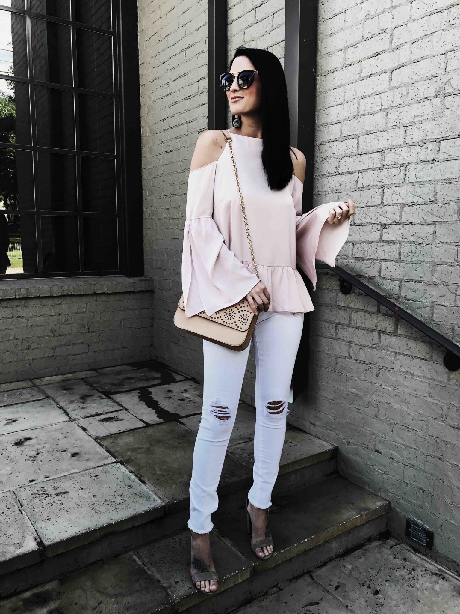Best Denim featured by top US fashion blog Dressed to Kill; Image of a woman wearing Chelsea28 top, Articles of Society jeans, Chelsea28 bag, Steve Madden shoes, Nordstrom sunglasses and BaubleBar earrings.