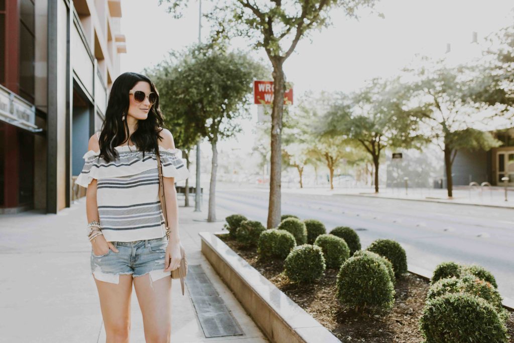 DTKAustin shares one of her go-to, affordable striped off-the-shoulder tops from Splendid. Click for more information or details.