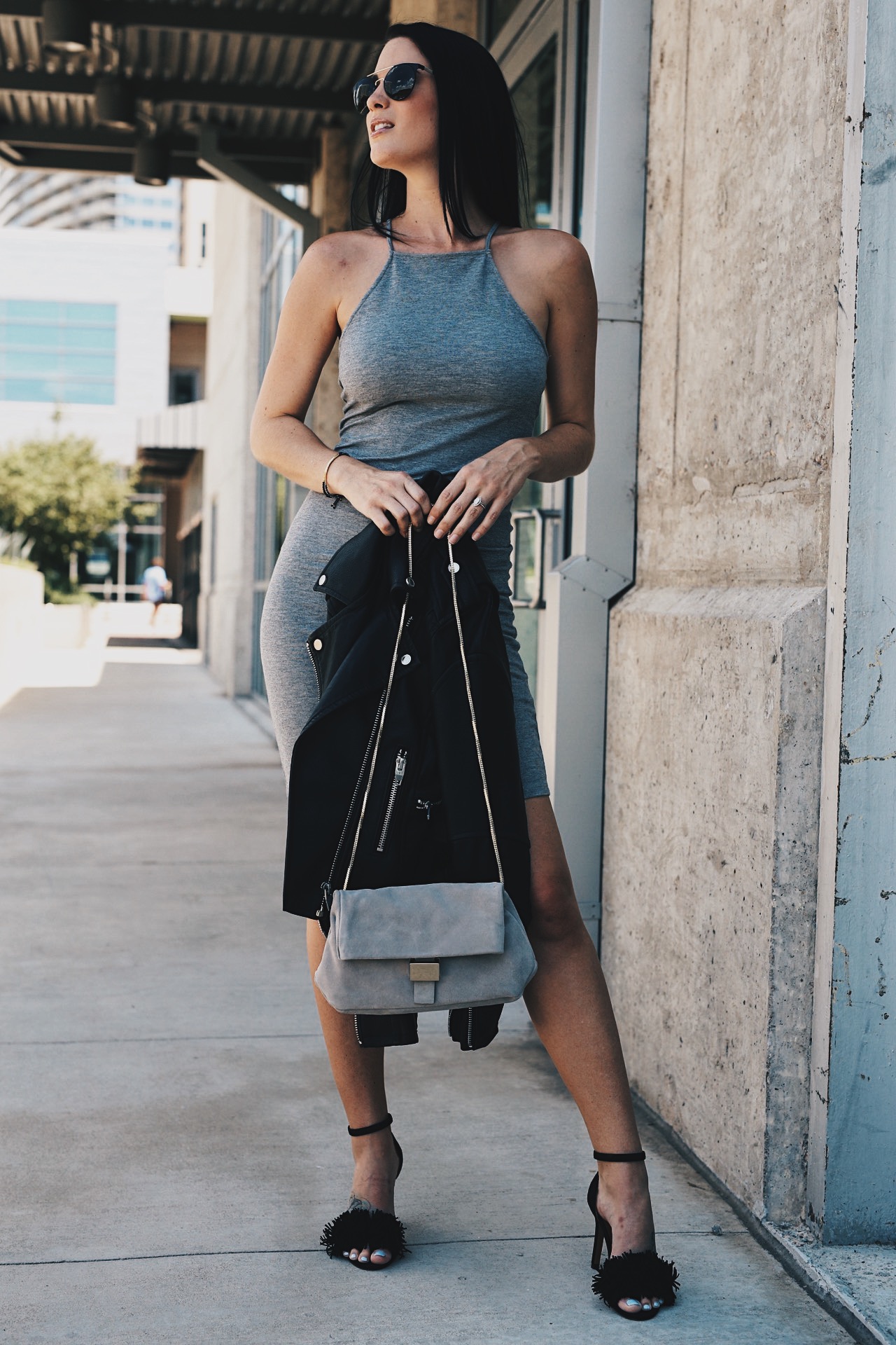 Austin Blogger DTKAustin shares THE perfect grey summer dress from & Other Stories and how to easily transition the look into Fall with a faux leather jacket. | how to style a halterneck strap dress | how to wear a halterneck strap dress | summer to fall fashion pieces | summer to fall wardrobe | summer fashion tips | summer outfit ideas | summer style tips | what to wear for summer | warm weather fashion | fashion for summer | style for summer || Dressed to Kill