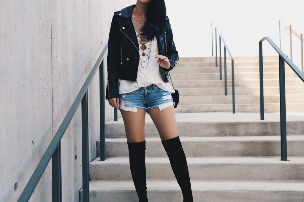 Austin Blogger DTKAustin shares her top shoe picks from the 2017 Nordstrom Anniversary Sale. Flats, heels, boots and booties are all included along with these Steve Madden Over the Knee boots and BlankNYC black jacket. | how to style over the knee boots | how to wear over the knee boots | OTK boot style ideas | OTK boot fashion tips | fashion tips for fall | fall style ideas | how to wear OTK boots || Dressed to Kill