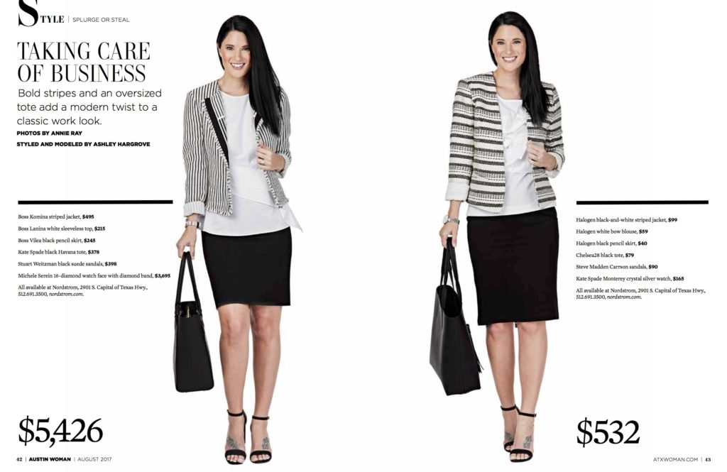 DTKAustin shares her splurge or steal in Austin Woman Magazine on how to dress appropriately for work in a skirt suit on a budget plus the expensive option if you want to splurge. Click for more details and images!