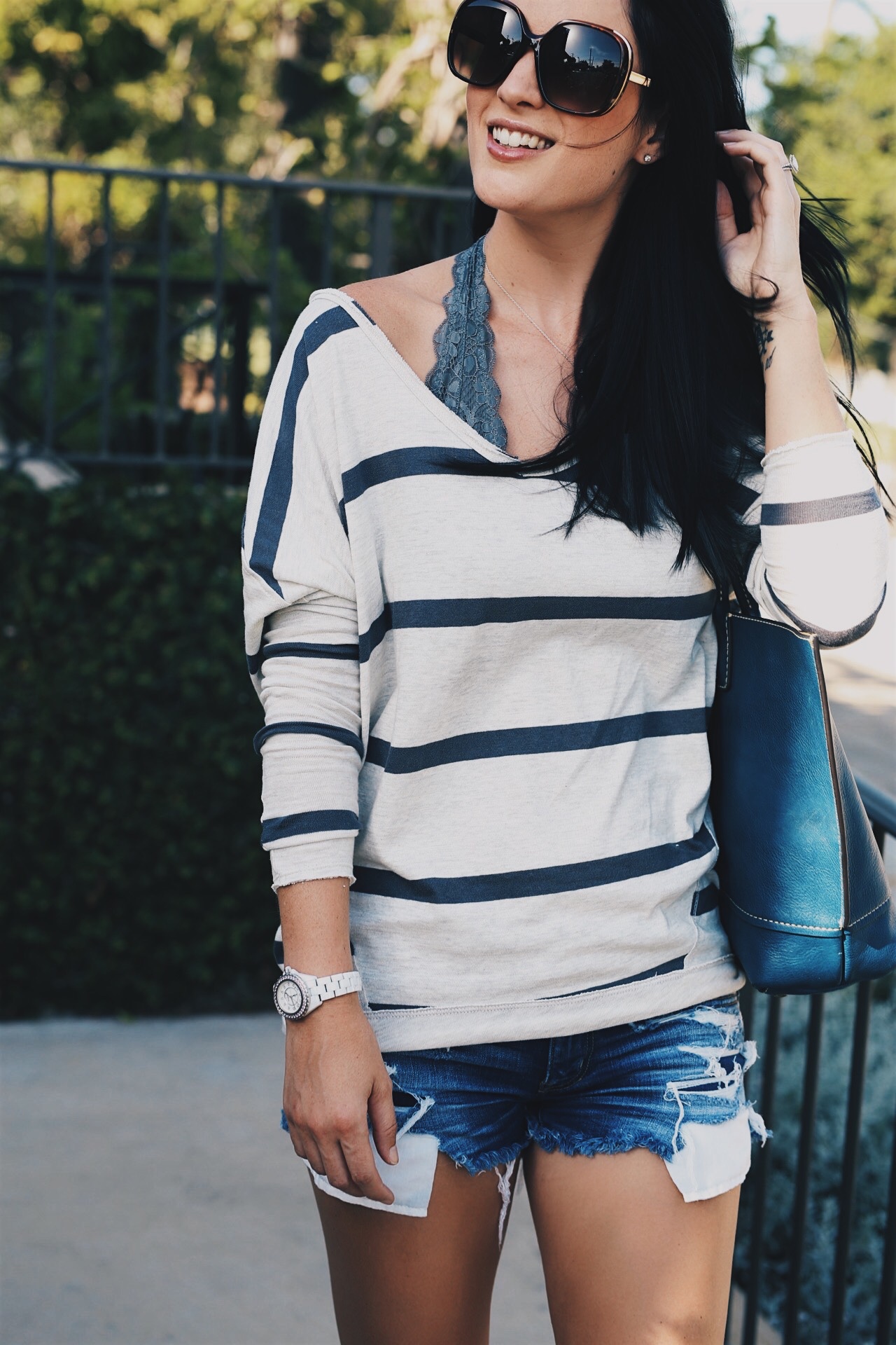 slouchy striped sweater and frye tote