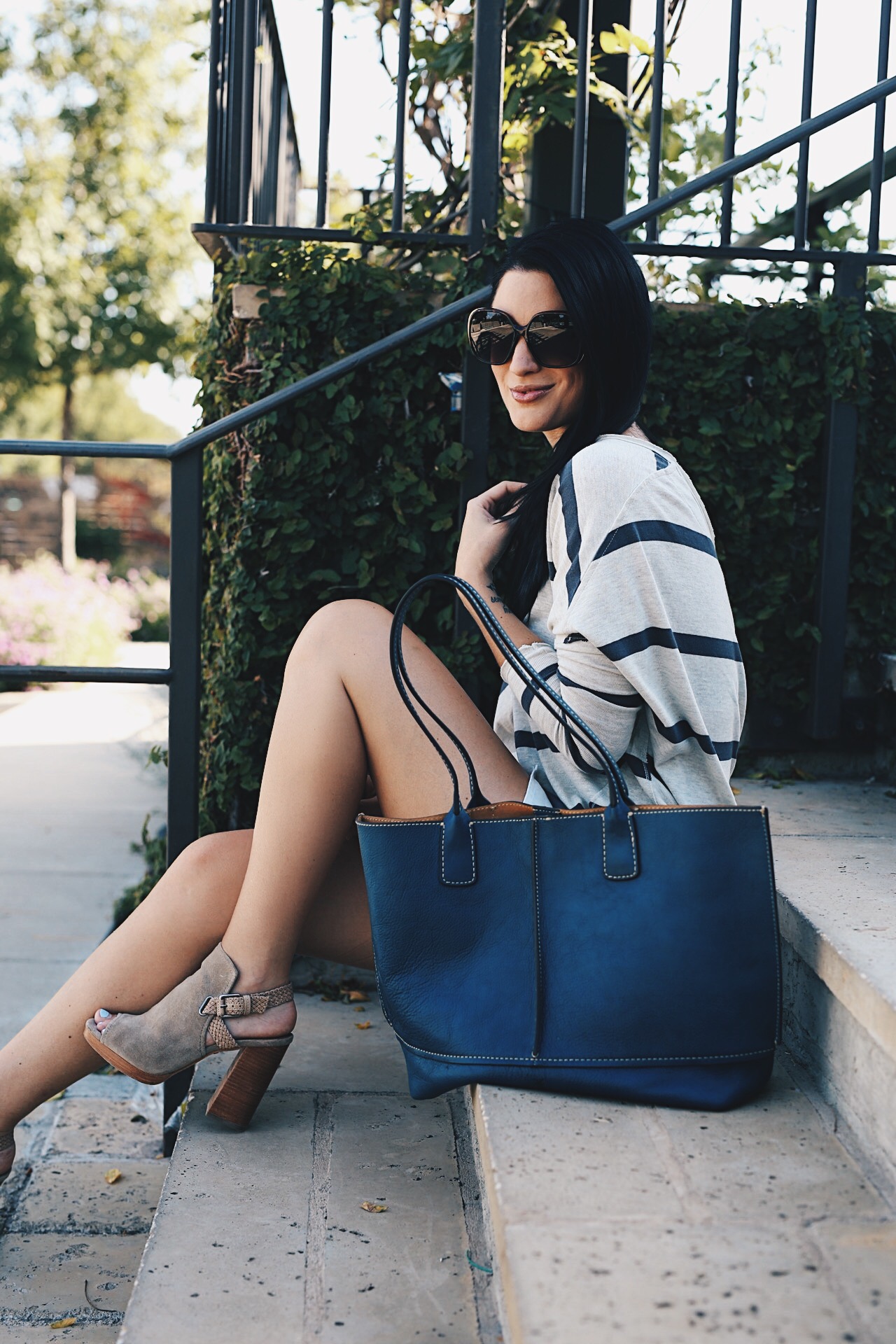 slouchy striped sweater and frye tote