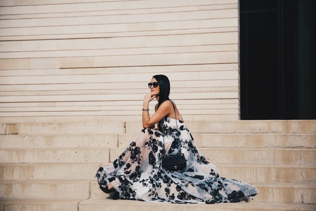 DTKAustin shares the most affordable black and white floral print maxi dress from Akira. Under $100 with a stunning criss-cross back it is perfect for date night.