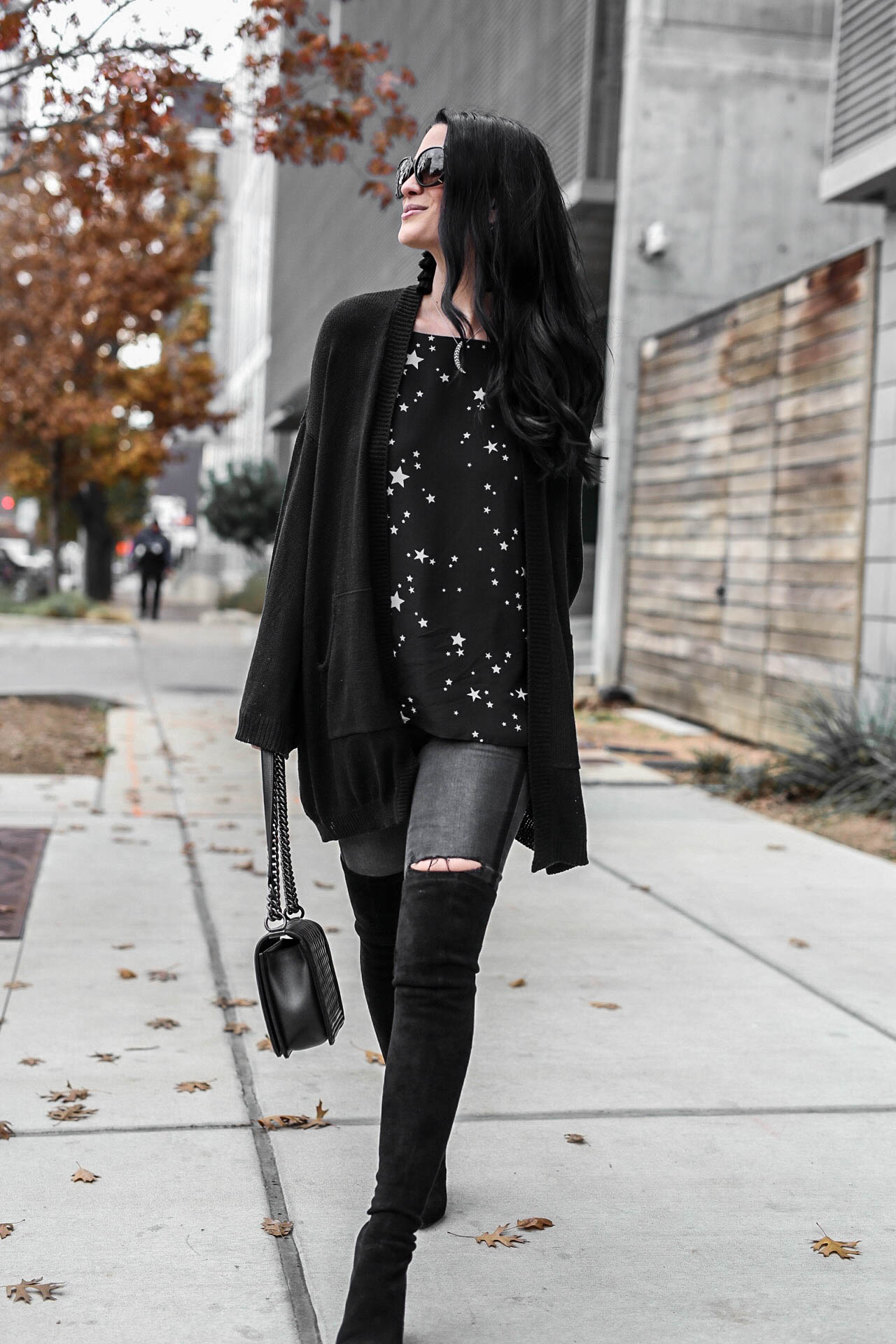 DTKAustin shares how to pull off an all black look as well as why she has an affinity for stars and moons. Cardigan from Show me Your Mumu. | black distressed jeans | Chanel handbag | OTK suede leather boots | all black fashion for women | all black outfit for winter | over the knee boots style || Dressed to Kill #otkboots #allblack #distressedjeans