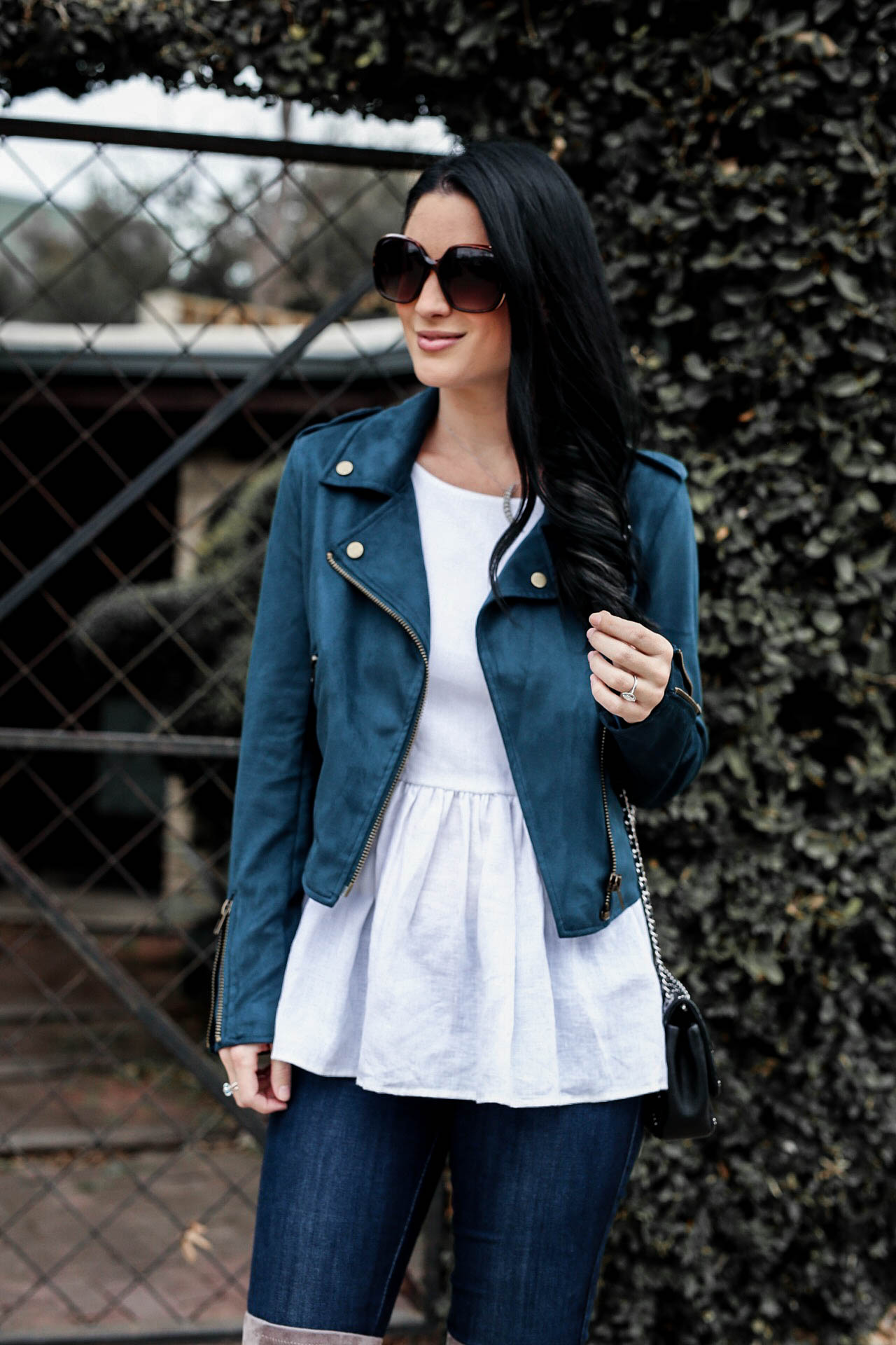 Teal Moto Jacket by popular Austin style blogger Dressed to Kill | Teal Moto Jacket | Must Have Transitional Moto Jackets | moto jacket outfit ideas | how to style a Moto jacket | Moto jackets for women || Dressed to Kill #motojacket #transitionalstyle #winteroutfits