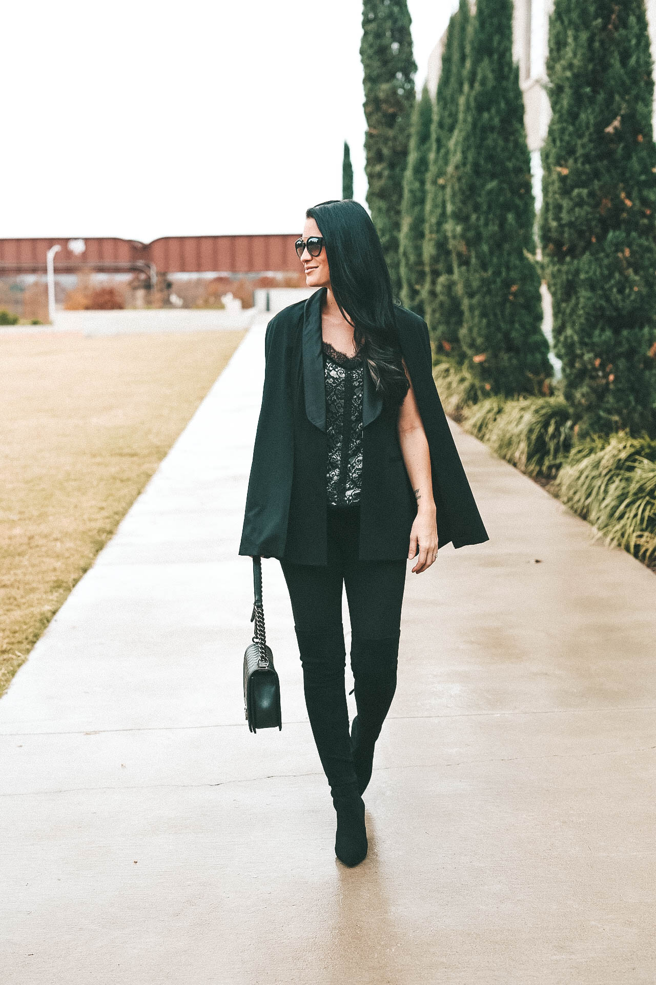 Black tuxedo cape and lace cami || Dressed to Kill #tuxedocape #camisole #lacecami - Shelli Segal Removable Tuxedo Cap by popular Austin style blogger Dressed to Kill
