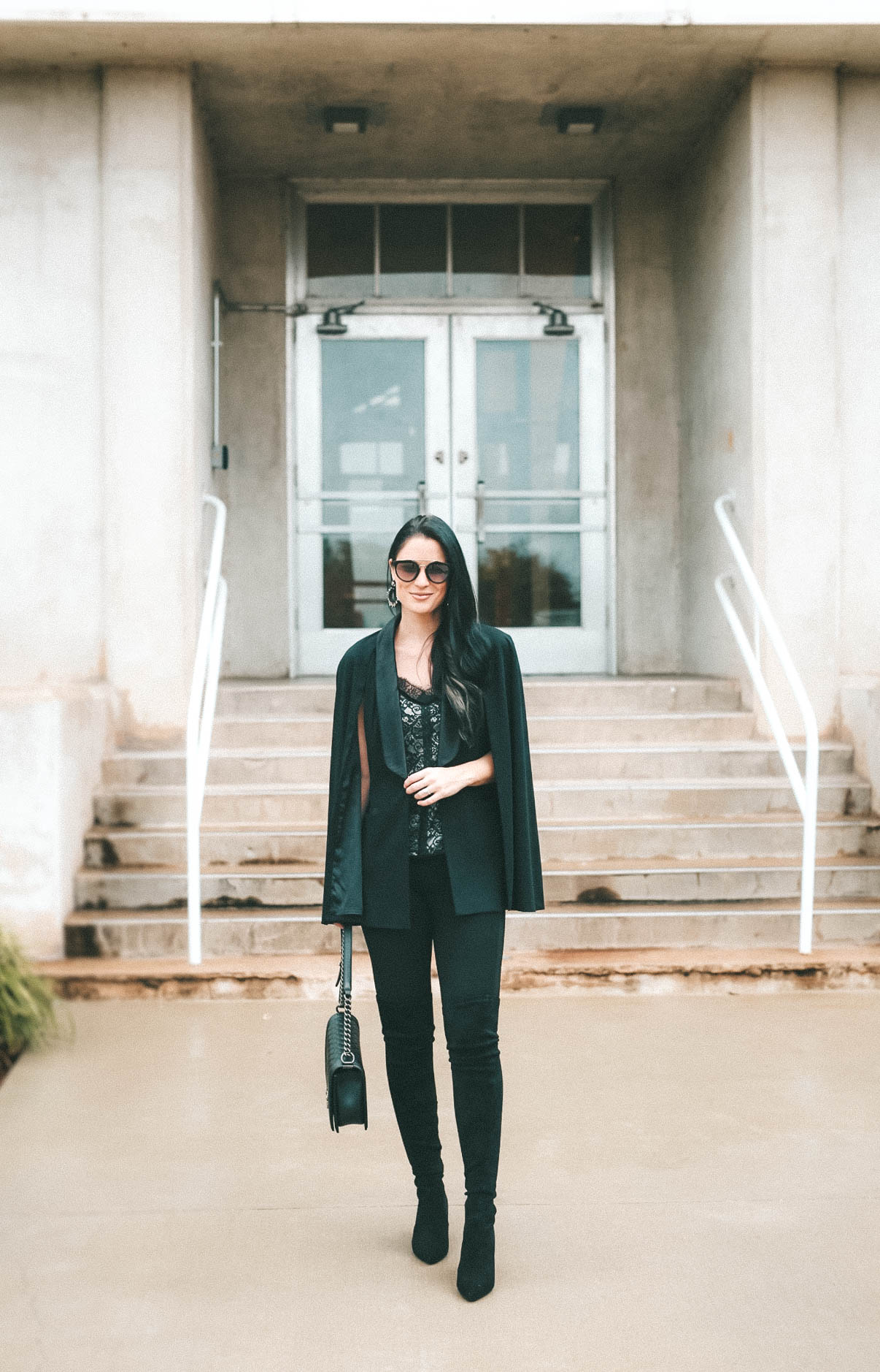 Black tuxedo cape and lace cami || Dressed to Kill #tuxedocape #camisole #lacecami - Shelli Segal Removable Tuxedo Cap by popular Austin style blogger Dressed to Kill
