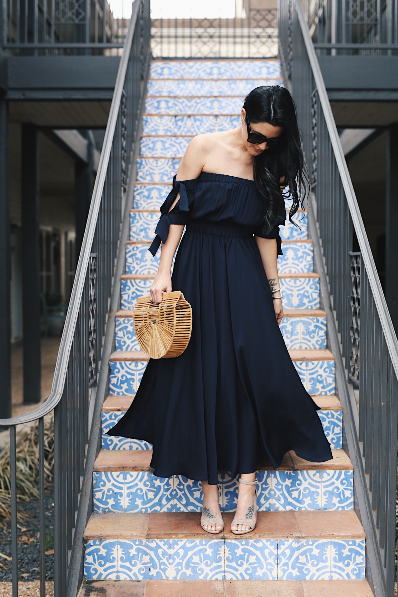 Spring and Summer Dresses featured by top US fashion blog Dressed to Kill; Image of a woman wearing - Milly dress, Cult Gaia handbag, Steve Madden shoes, YSL sunglasses, David Yurman bracelets.