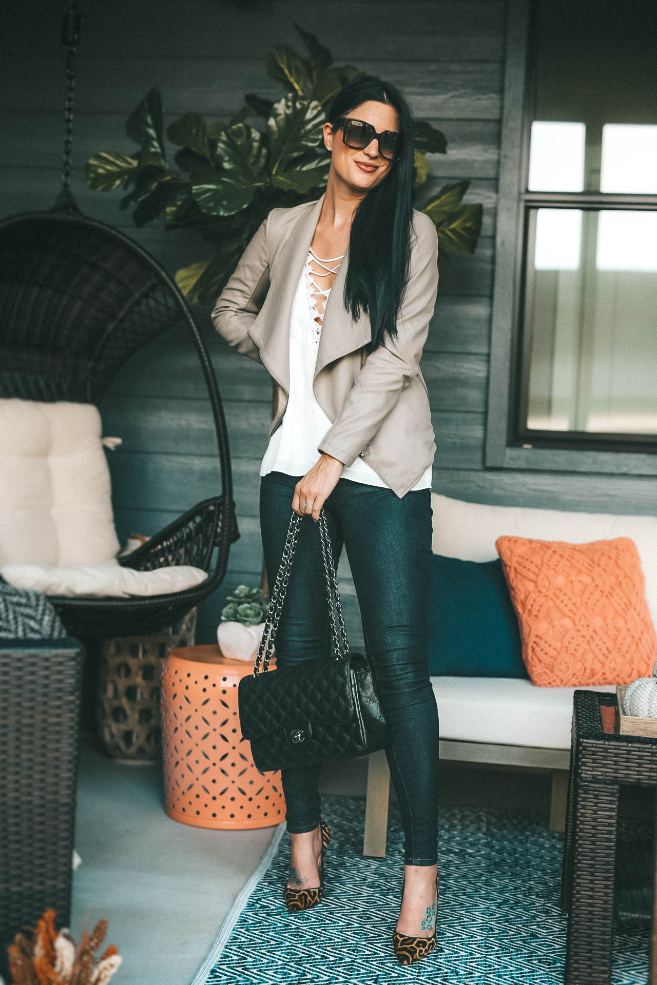 Nordstrom | Perfect transitional outfit into Fall on a budget | Chanel Black Caviar Jumbo Bag with Christian Louboutin Leopard Heels | WAYF Posie Strappy Camisole featured by popular Austin fashion blooger Dressed to Kill
