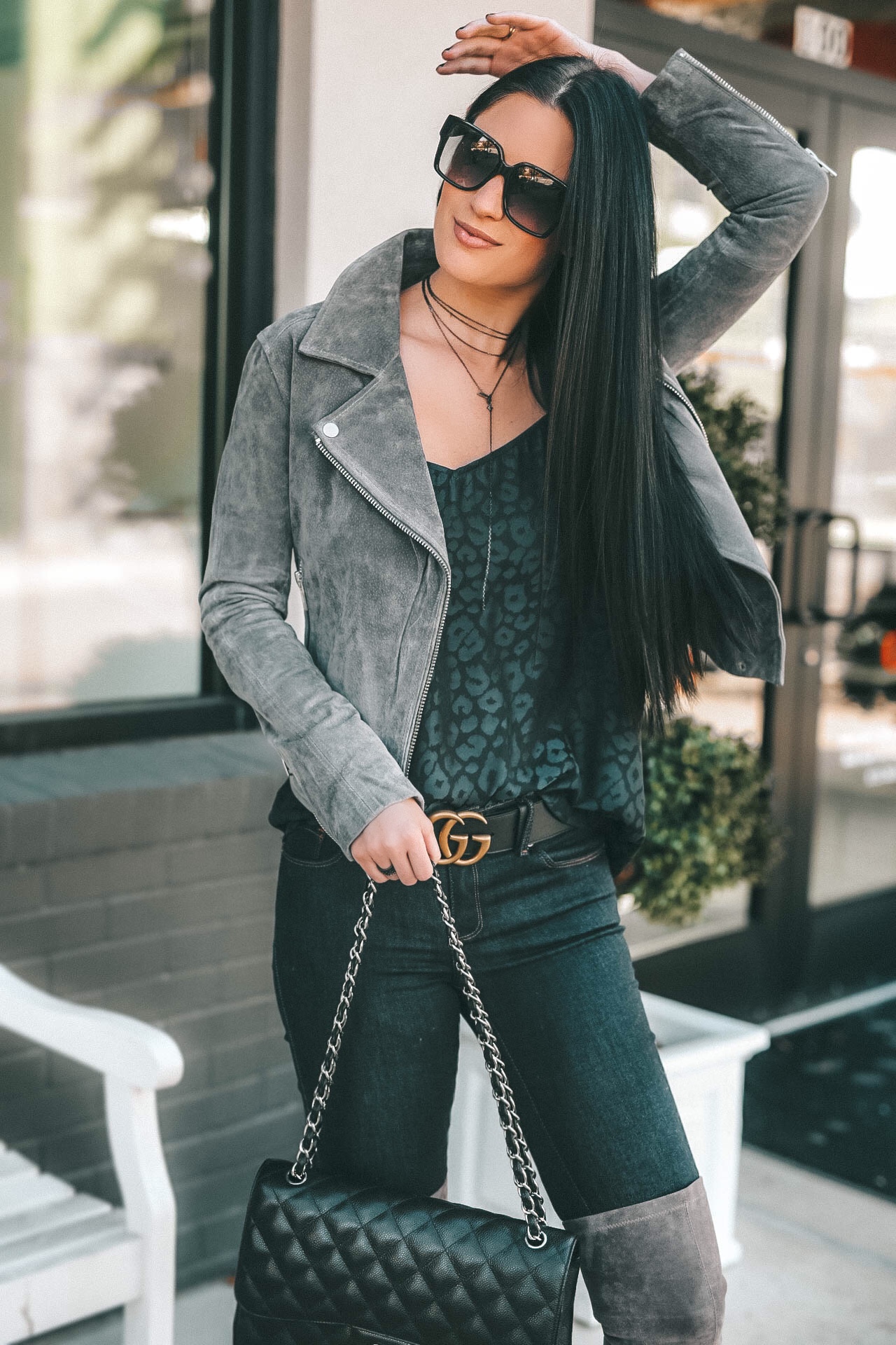DTKAustin is sharing affordable designer jewelry holiday gift ideas from Armenta. Handbag is a Black caviar Chanel Jumbo, BlankNYC Moto Jacket, Suede OTK Boots from Goodnight Macaroon || Dressed to Kill #armenta #designerjewelry #suedeboots #motojacket #dtkaustin