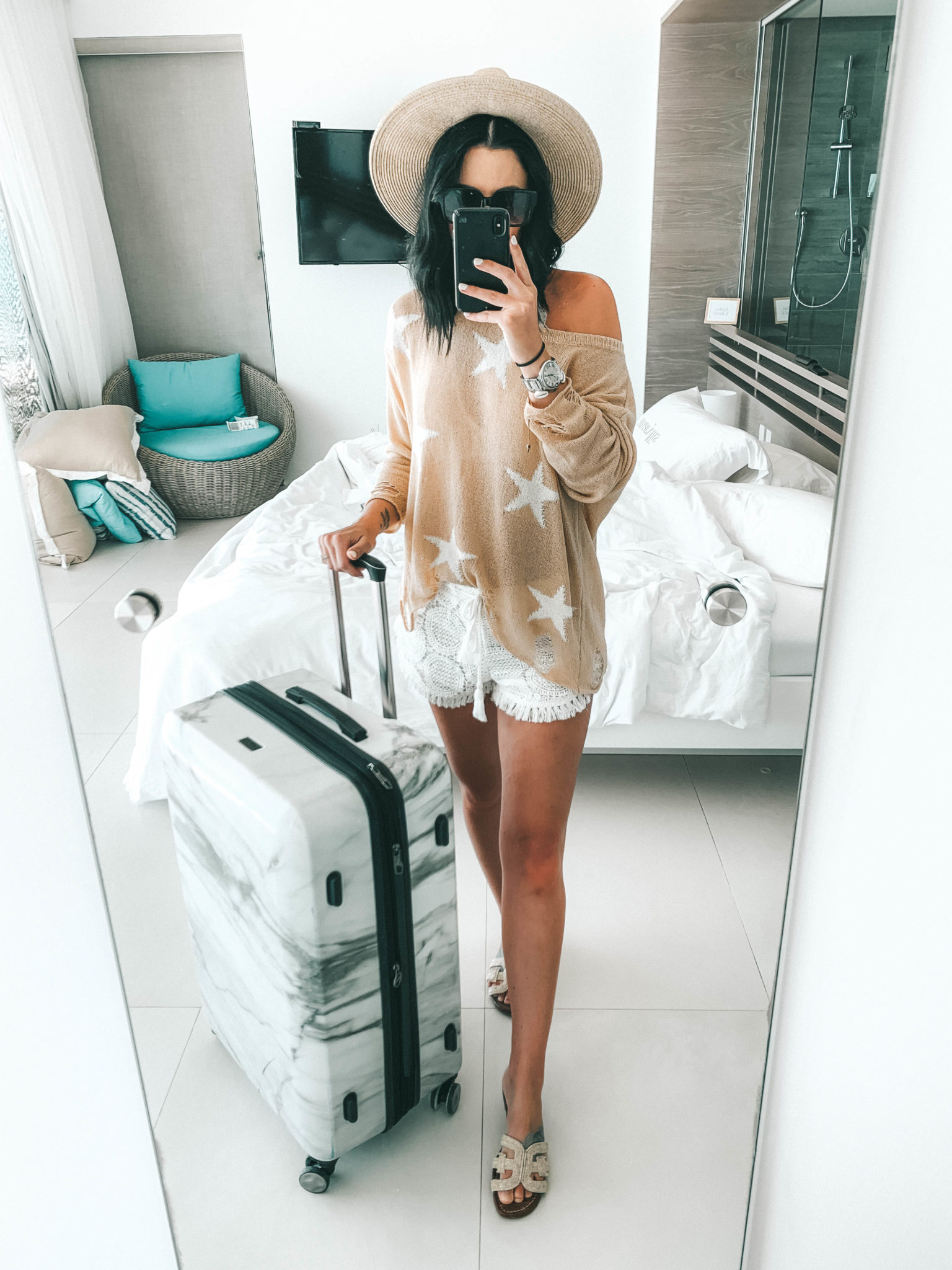Amaryllis Apparel Abroad Turks & Caicos Summer Try-On by popular Austin fashion blog, Dressed to Kill: image of a woman wearing a Amaryllis Apparel Distressed Starry Eye Sweater and white Amaryllis Apparel Tahiti Crochet Shorts.