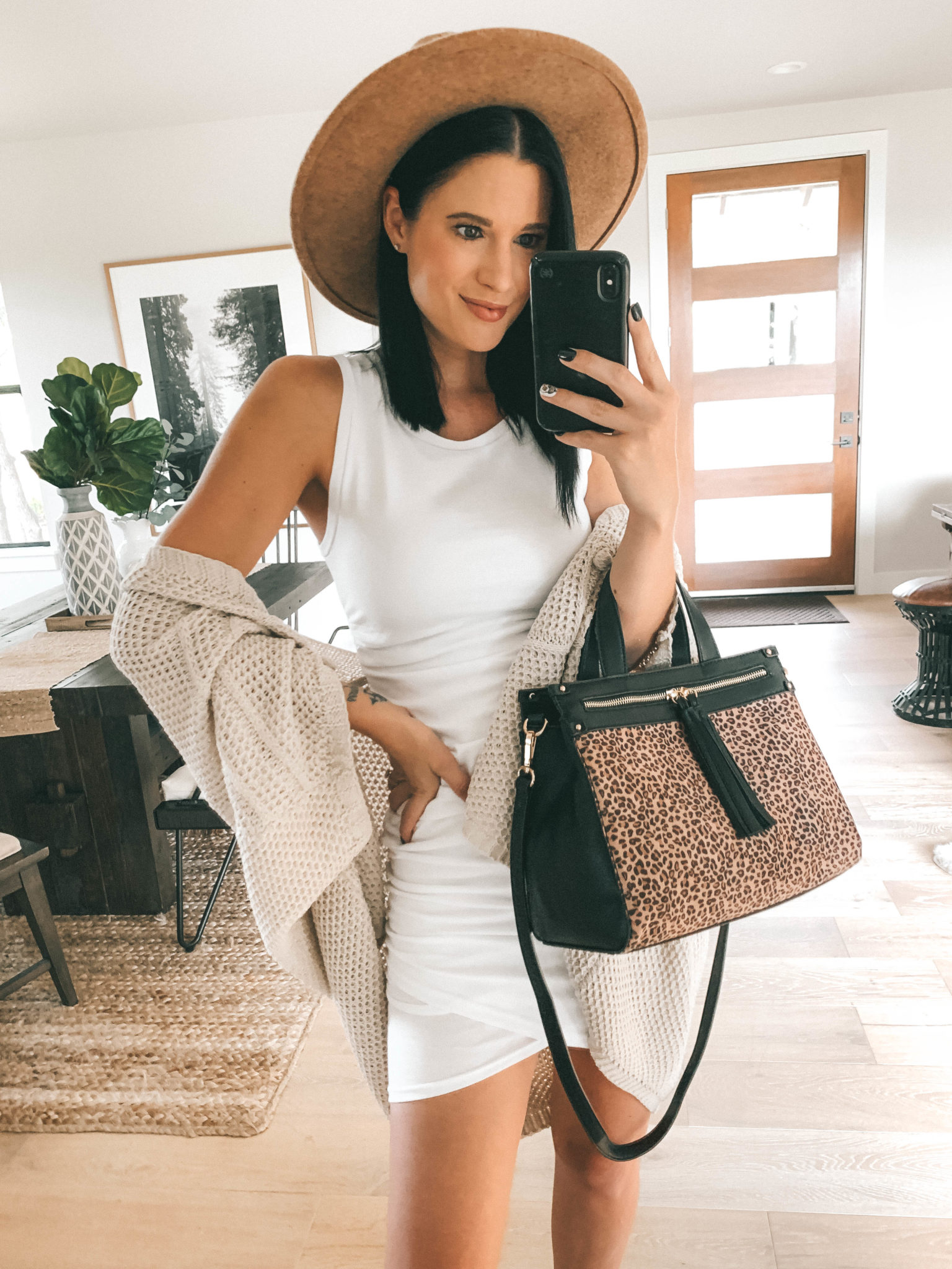 Must Have Sole Society Fall Staples by popular Austin fashion blog, Dressed to Kill: image of a woman wearing a Nordstrom white Leith dress, Sole Society Knit Detail Wrap, leopard print Zypa Satchel bag, and Patsy Wedge Bootie.