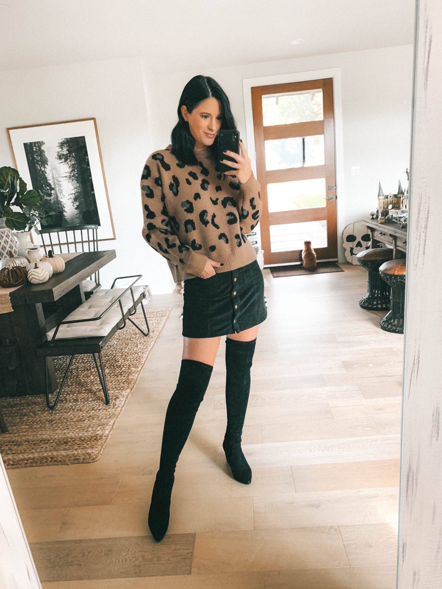 Must Have Staples From the Goodnight Macaroon Fall Collection by popular Austin fashion blog, Dressed to Kill: image of a woman wearing a Goodnight Macaroon 'RICHIE' LEOPARD PRINT SWEATER.