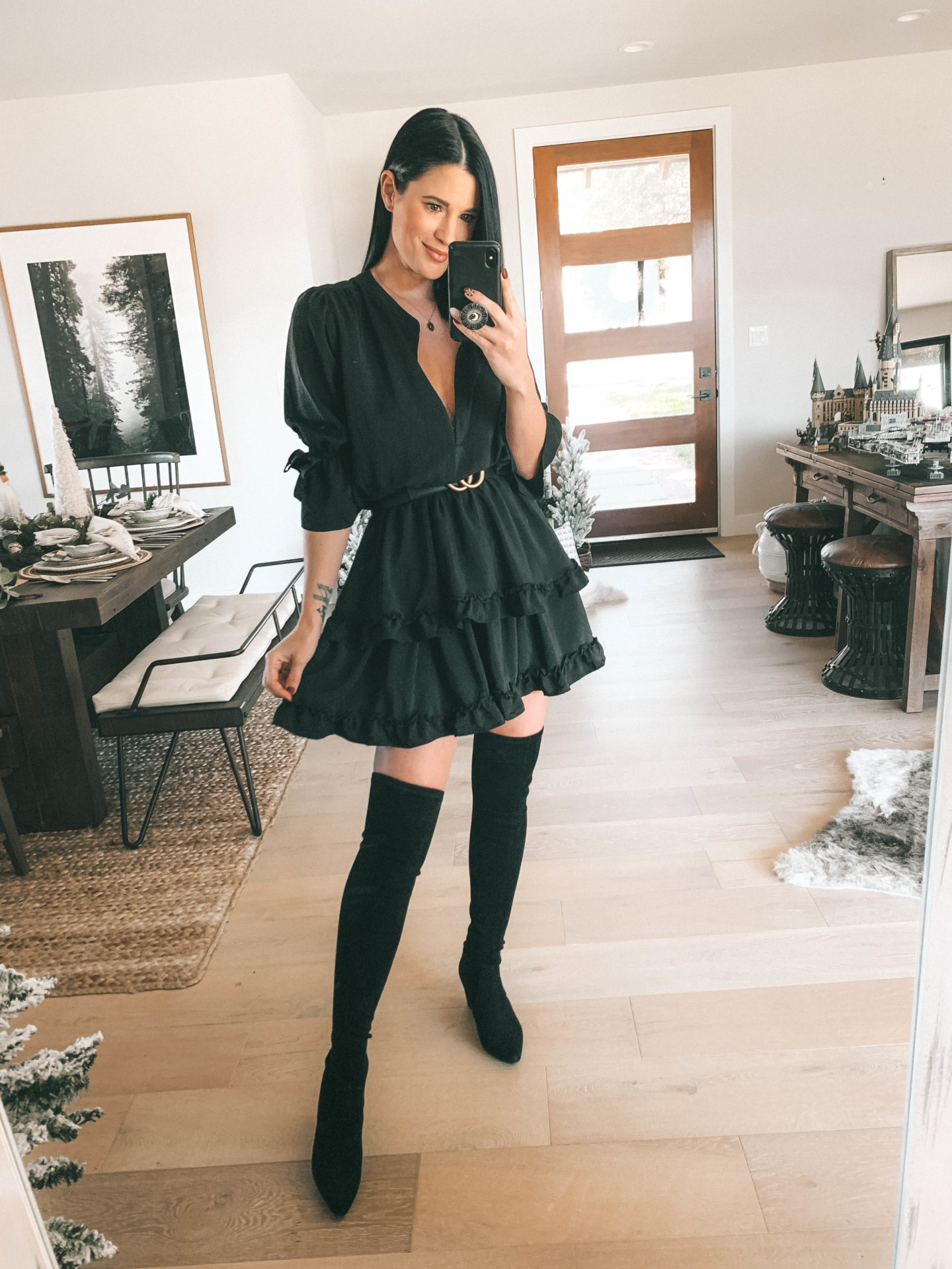Lovestitch Holiday Favorites Try-On Session by popular Austin fashion blog, Dressed to Kill: image of a woman wearing a Lovestitch Zemia Tiered Mini Dress.