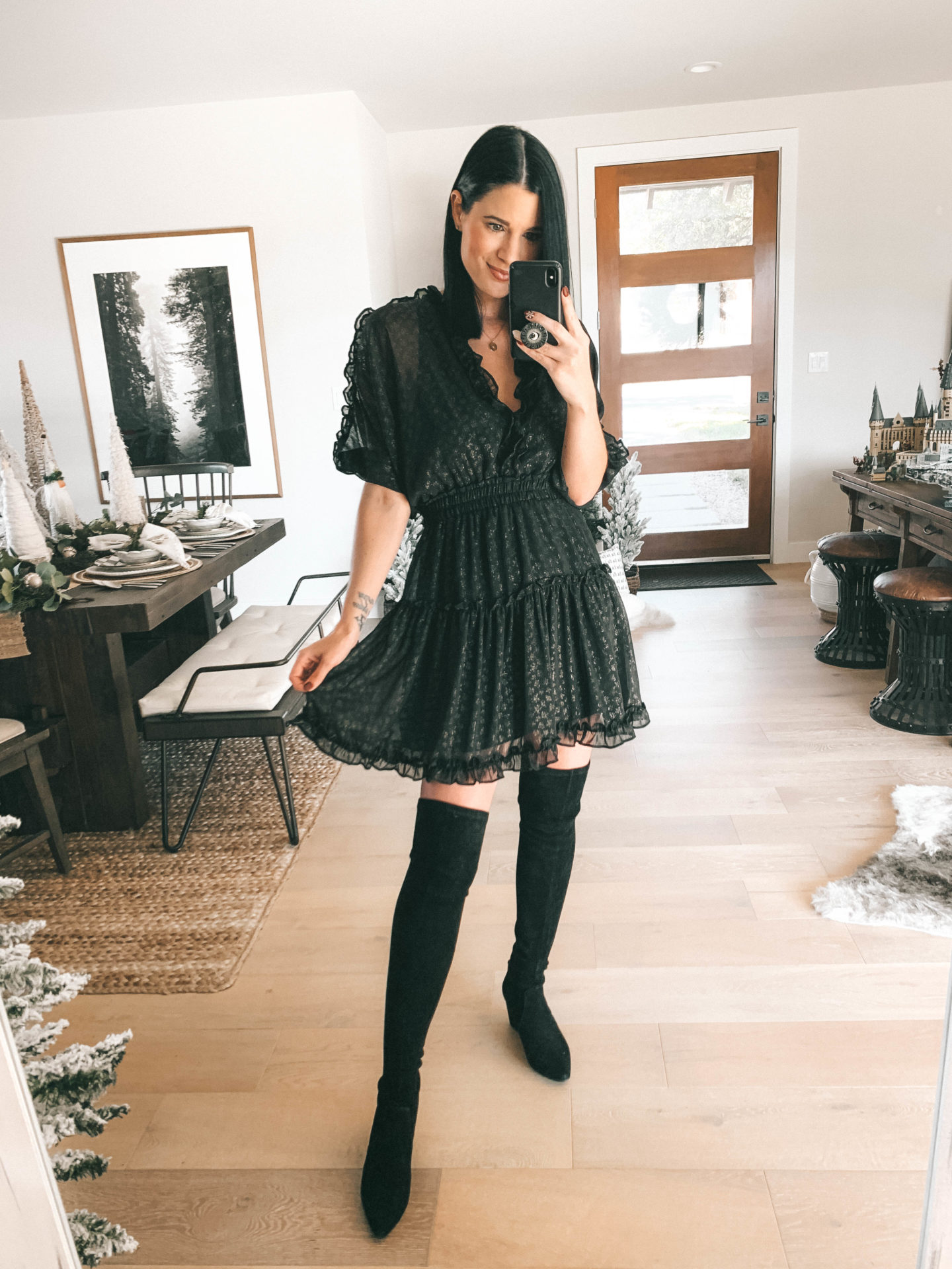 Lovestitch Holiday Favorites Try-On Session by popular Austin fashion blog, Dressed to Kill: image of a woman wearing a Lovestitch Rania Foil Chiffon Dress.