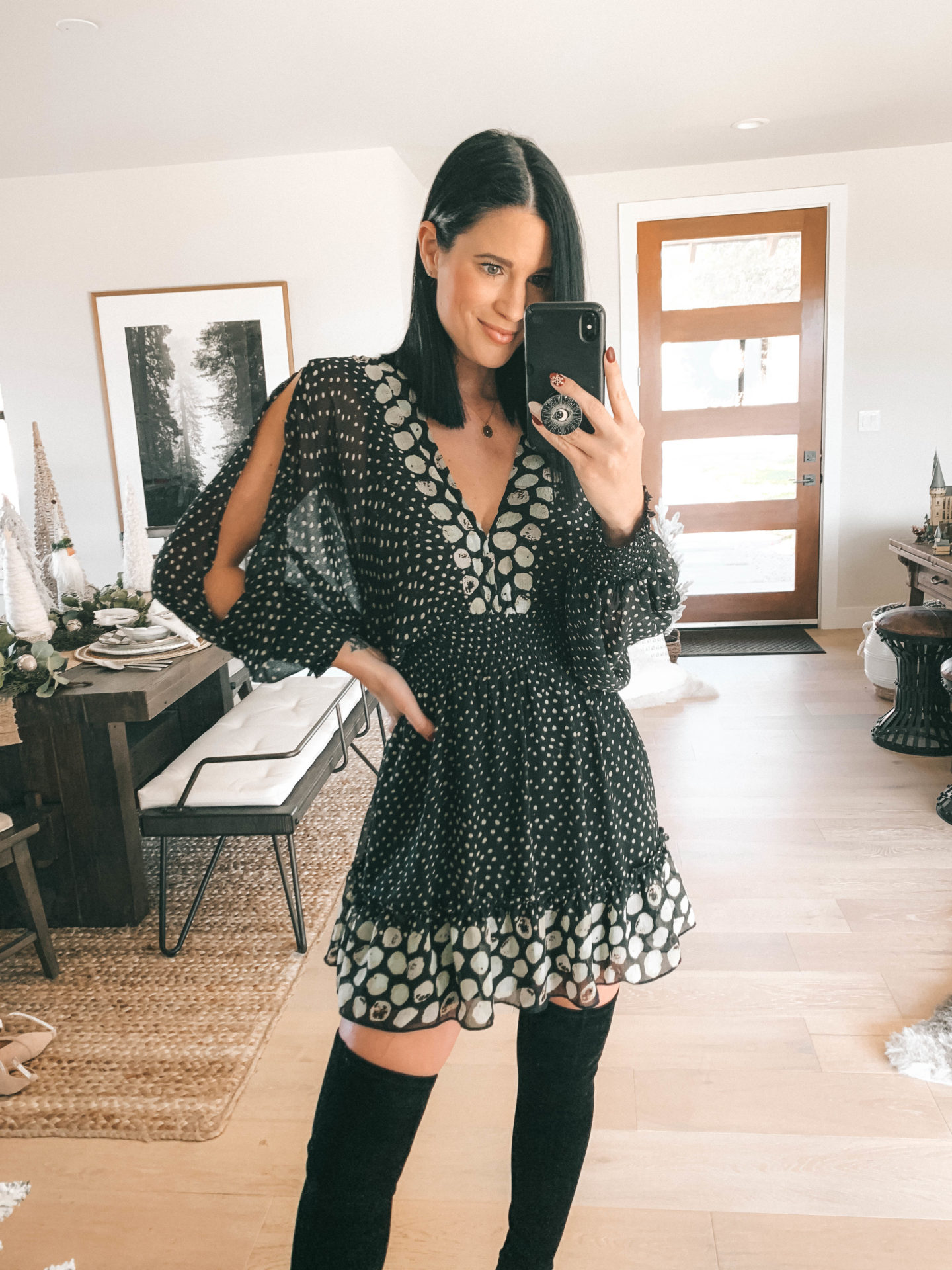 Lovestitch Holiday Favorites Try-On Session by popular Austin fashion blog, Dressed to Kill: image of a woman wearing a Lovestitch Louisa Split Sleeve Mini Dress.