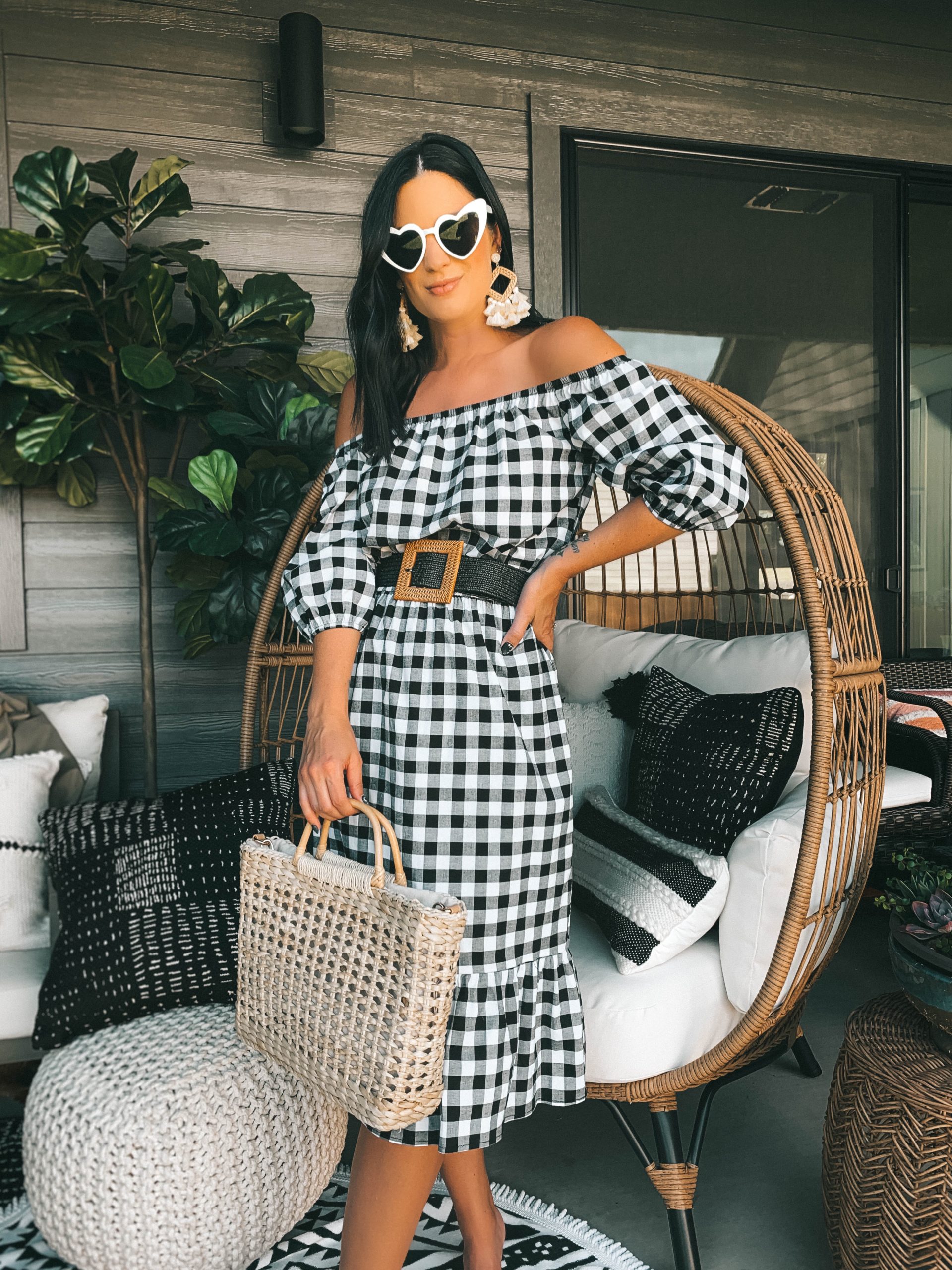 Gibson Look Road Trip by popular Austin fashion blog, Dressed to Kill: image of a woman wearing a Gibson Look Road Trip off the shoulder gingham dress. 