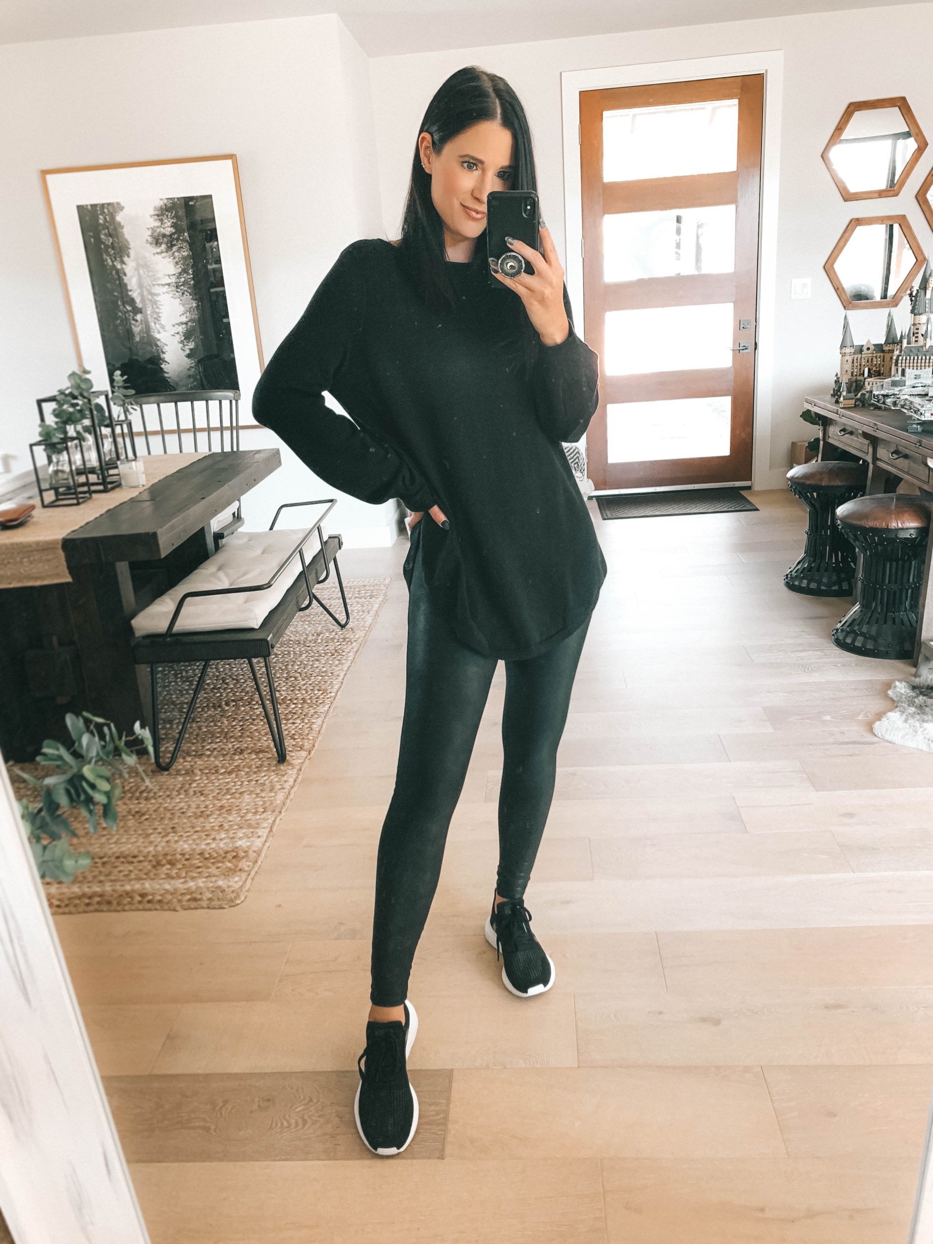 Nordstrom Anniversary Sale by popular Austin fashion blog, Dressed to Kill: image of a woman wearing Nordstrom Faux Leather Leggings SPANX, Nordstrom UltraBoost Running Shoe ADIDAS, and Nordstrom Bishop Sleeve Sweater CASLON.